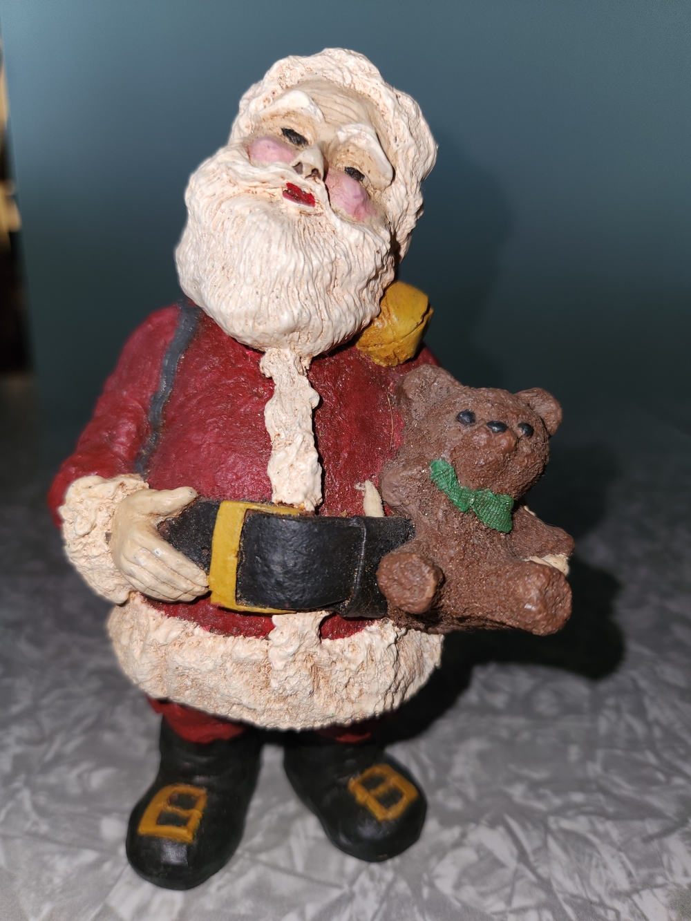 Source Unknown Red Santa Figurine with White Beard and Brown Teddy